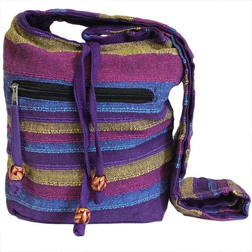 Nepal Sling Bag – Wild Flowers, hand-woven cotton sling bag approx 21×24×9 cm, boho festival accessory UK.