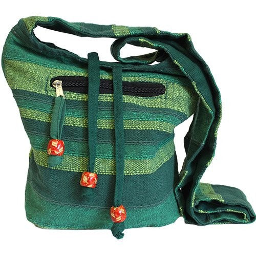 Nepal Sling Bag – Forest Green, hand-woven cotton sling bag approx 21×24×9 cm, boho festival accessory UK.