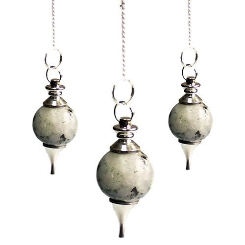 Three silver pendulums hang from chains. The pendulum bobs are made of a speckled white and gray stone, and are pointed on the bottom. The context is a plain white background.
