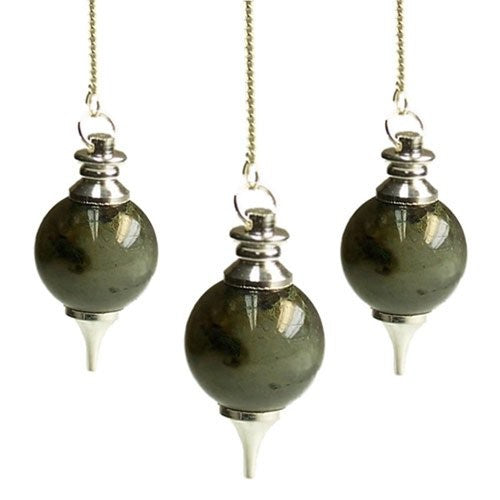 Three stone pendulums hang from silver chains. The stones have silver tops and pointed silver ends, all against a white background.