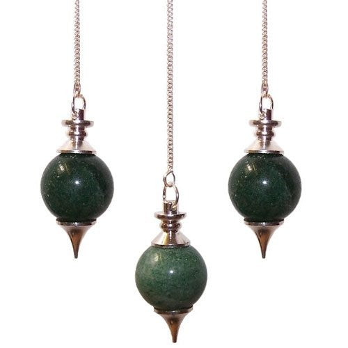 Three pendulums hang from silver chains. They feature green, speckled spheres with silver caps and conical tips against a white background.