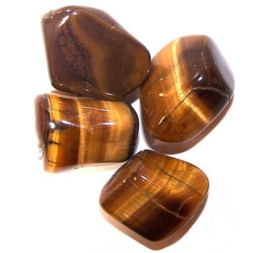 Four polished tiger's eye stones are scattered on a white surface. Their brown and gold bands create a chatoyant effect, highlighting their rounded shapes.