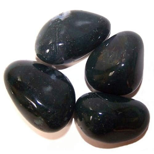 Four polished, oval-shaped stones with a dark green, moss-like pattern are clustered together, reflecting light, against a bright white background.