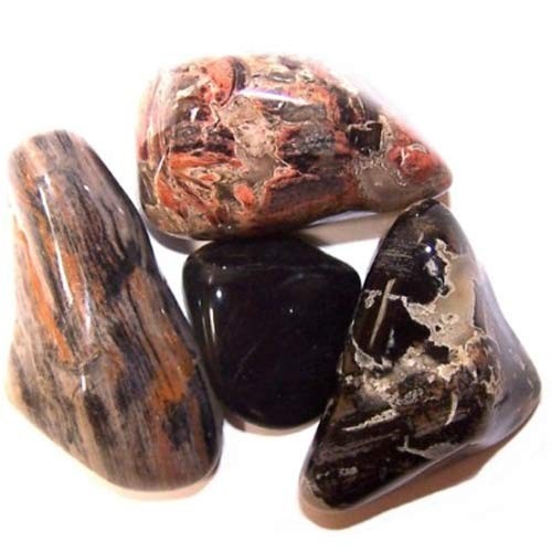 Four polished stones rest, touching, against a white backdrop. One stone is dark brown, with beige markings, another is solid black, another is striated with orange and grey, and the last is orange and beige.