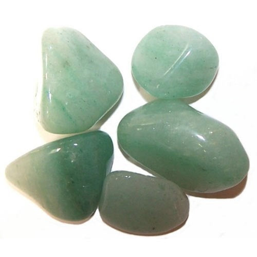 Five polished, green aventurine stones sit clustered together on a white surface.