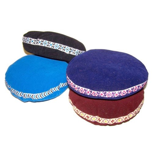 Round cushions sit stacked or leaning, featuring vibrant blue, purple, and maroon colors. Each cushion is adorned with decorative patterned trim, set against a plain white background.