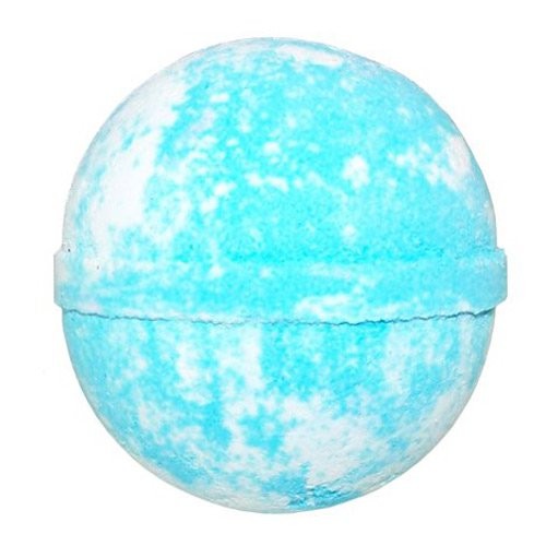 A round bath bomb is shown with a mix of blue and white colors. It is seamless and stands out against a plain, white background.