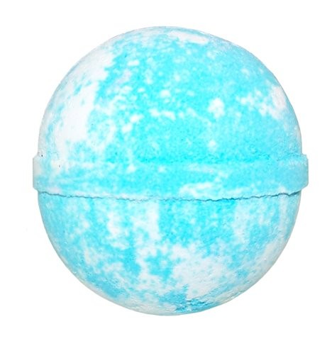 A spherical bath bomb displays a marbled pattern of light blue and white, appearing solid and textured, ready for use in a bath setting.