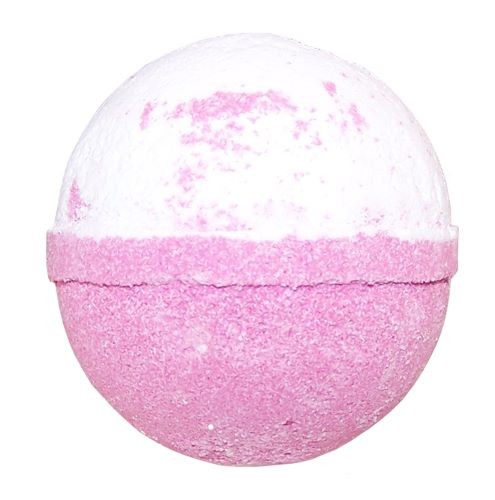 A spherical bath bomb, displaying pink and white colors, is stationary against a plain white background.