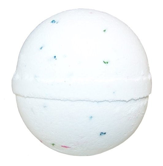 A white, spherical bath bomb featuring small colorful specks sits against a plain background, suggesting it is ready for use in a bathing environment.