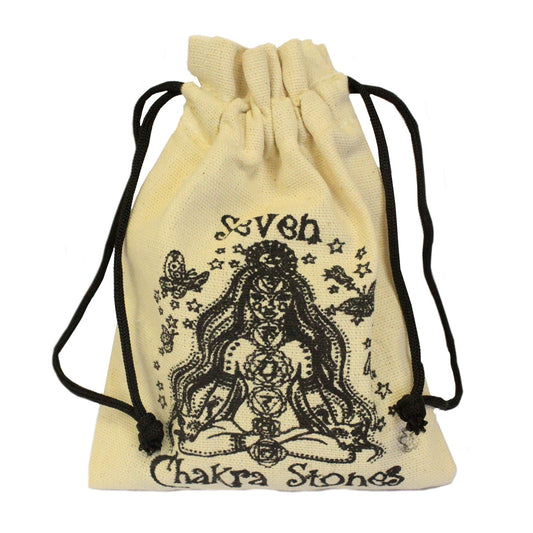 A small, tan, cloth drawstring bag with black cords stands against a white background; a black illustration of a seated person with the seven chakras is featured with the text “Seven Chakra Stones.”