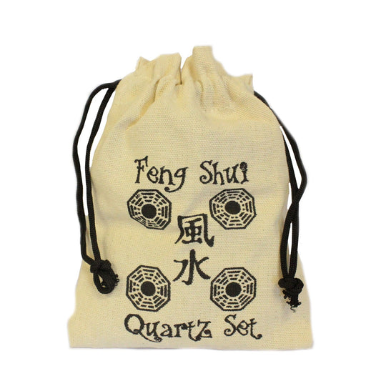 A beige drawstring pouch, centered, has black text reading "Feng Shui," Chinese characters, and "Quartz Set", along with patterned octagon images. The background is white.