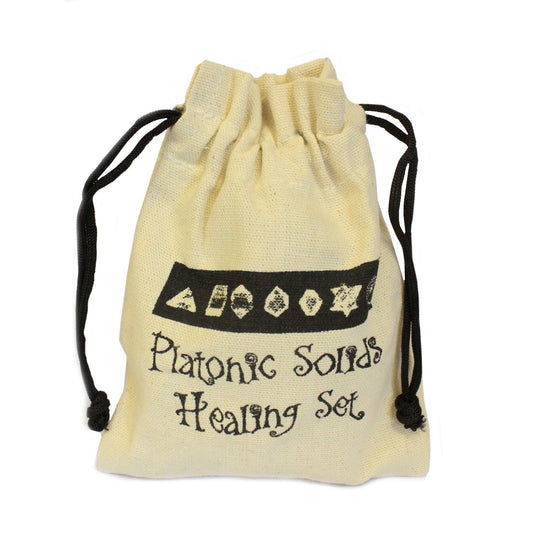 A beige, drawstring sack displays a black banner featuring geometric shapes. Below, the words "Platonic Solids Healing Set" appear in cursive print. The context is a plain white background.