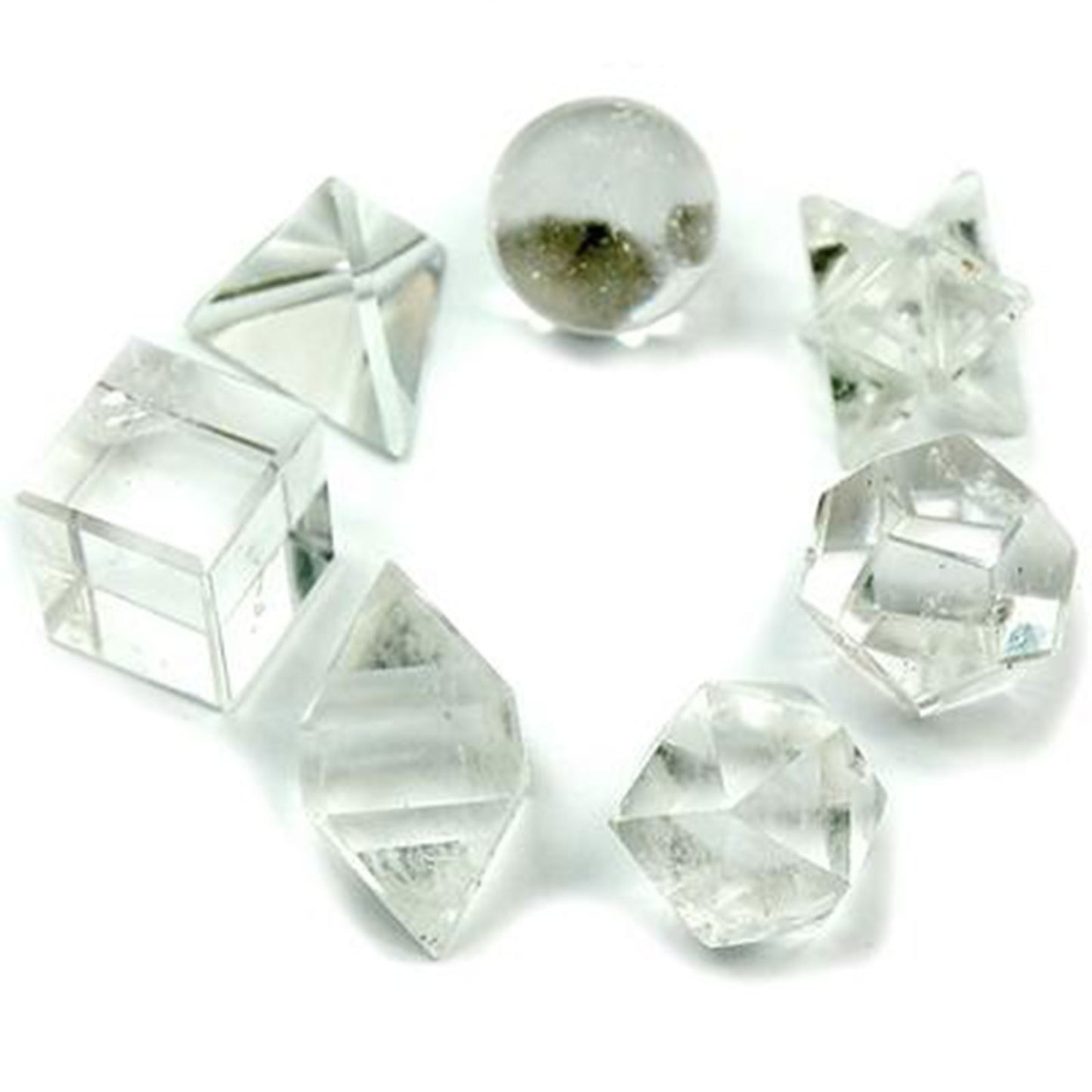 Seven clear, geometric crystals are displayed, including a sphere containing dark granules. The objects are arranged circularly on a white background.