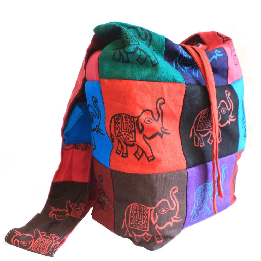 Ethnic Sling Bag – Cotton Patch Elephant motif, hand-woven cotton sling bag approx 34×36×12 cm, boho festival accessory UK.
