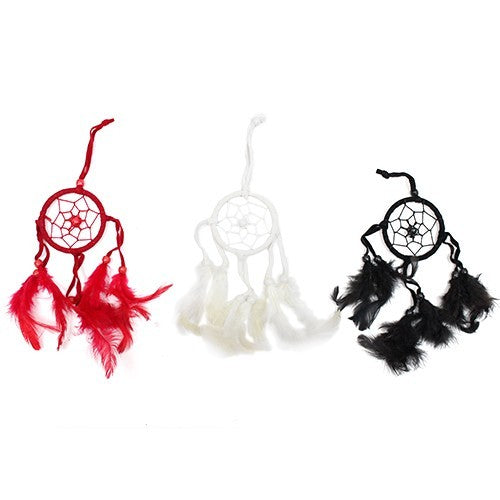 Three dreamcatchers hang, each adorned with feathers; one red, one white, and one black. They are displayed against a white background.