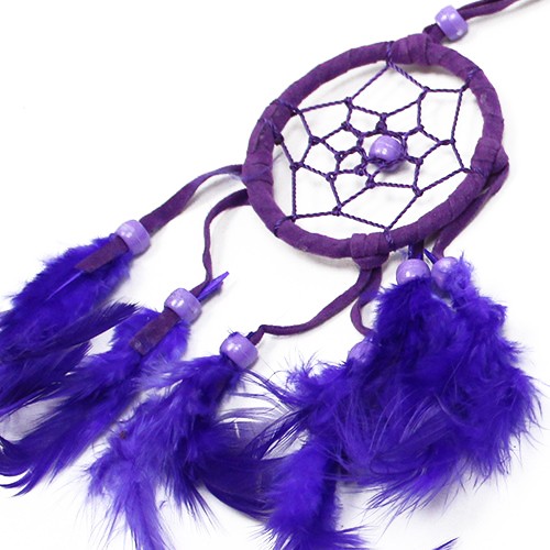 A purple dreamcatcher hangs, adorned with purple feathers and beads. The circular net is woven with string.