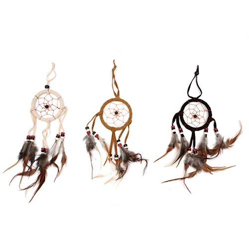 Three dreamcatchers hang against a white background. Each has a circular net, feathers, and beads. The nets are off-white, brown, and black.