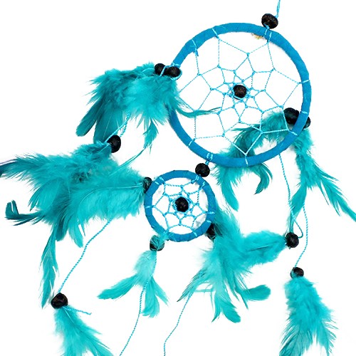 A double dreamcatcher, adorned with teal feathers and black beads, hangs against a white background.