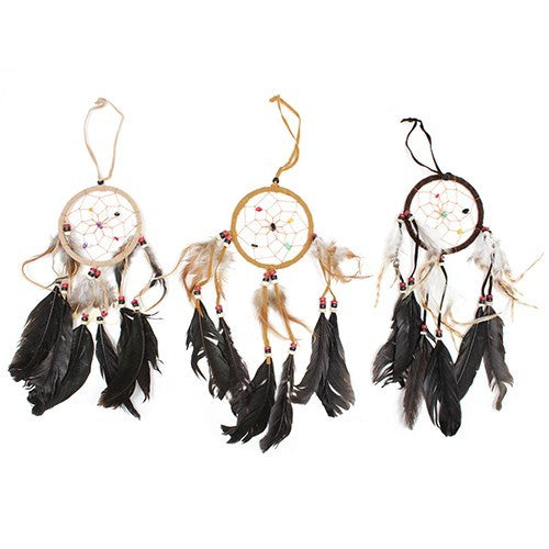 Three dreamcatchers hang, adorned with feathers and beads. Each features a circular net and hangs from a simple string. They are displayed against a white background.