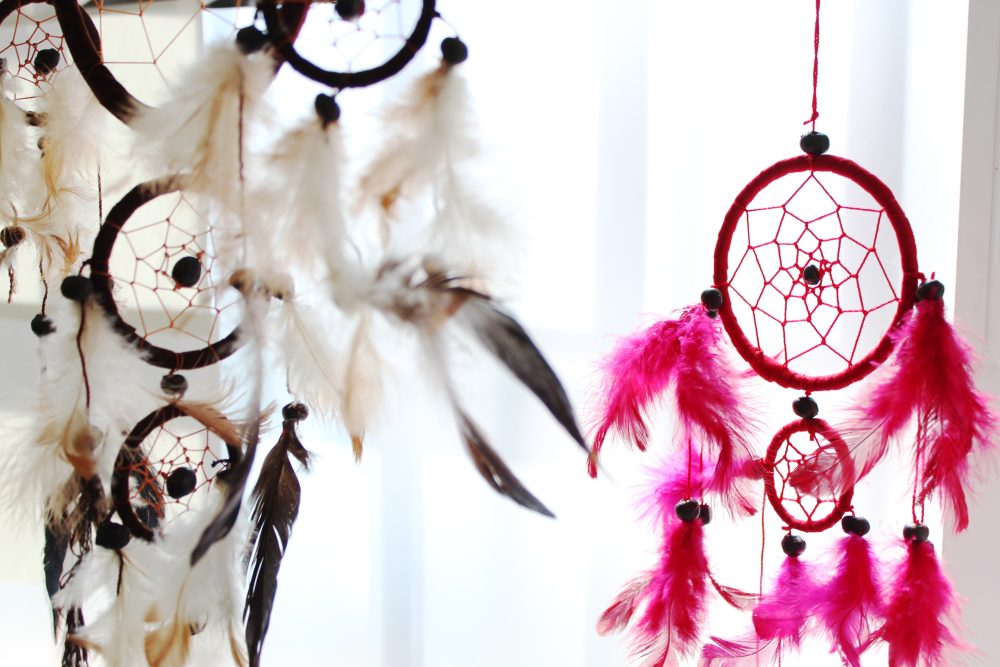 Two dreamcatchers hang near a window. One has brown rings and white feathers; the other has red rings and pink feathers.