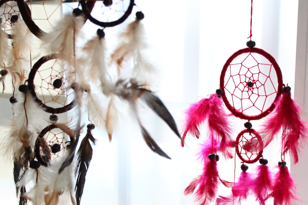 Two dreamcatchers hang near a window. One features brown rings and off-white feathers; the other, red rings and bright pink feathers.