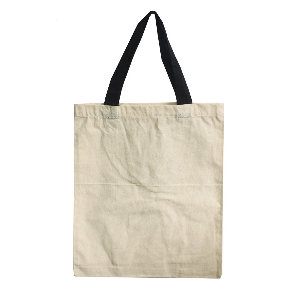 A tote bag stands upright. It is a light beige color with dark black handles, against a white background.