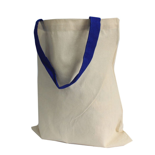 A cream-colored canvas tote bag stands against a white background. It has two blue straps.