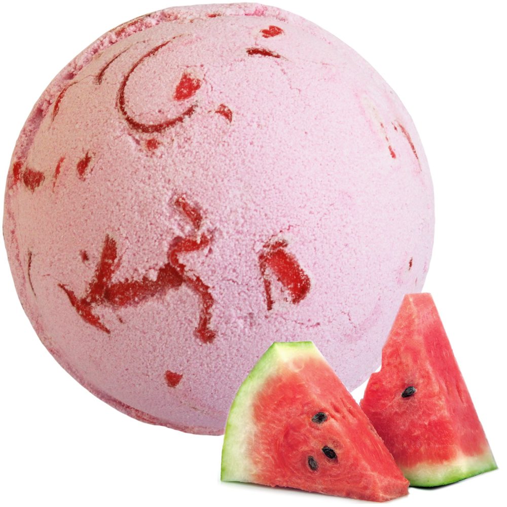 A round scoop of pink ice cream with red swirls is next to two juicy watermelon slices. The surface is textured, resembling watermelon.