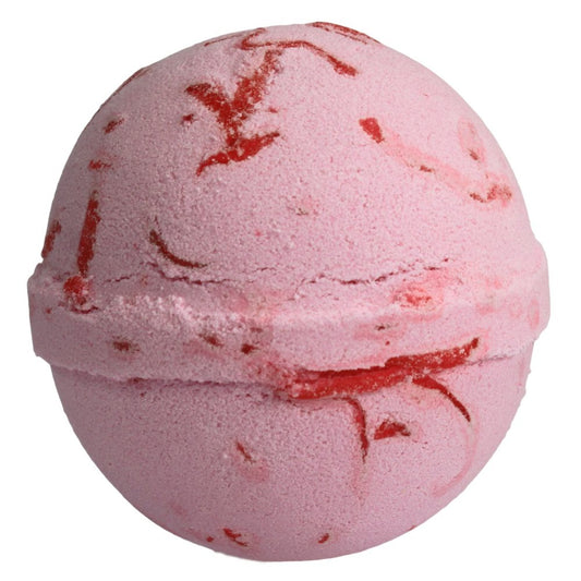 A spherical pink bath bomb with red streaks, stationary against a white background, designed for use in a bathtub to provide fragrance and fizz.