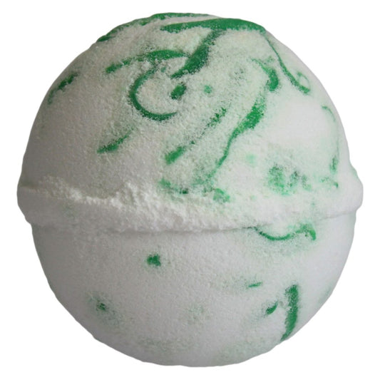 A spherical bath bomb with a marbled pattern, showing green swirls on a white surface, sits isolated against a plain background.