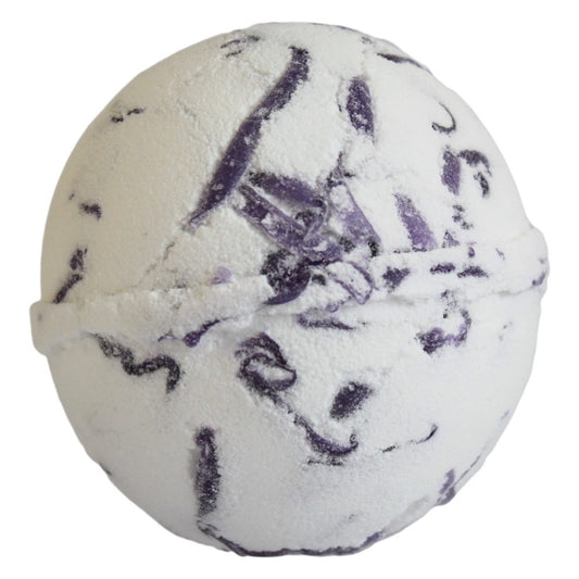 A white spherical bath bomb with embedded purple flower petals, displaying a cracked texture, set against a plain, white background.