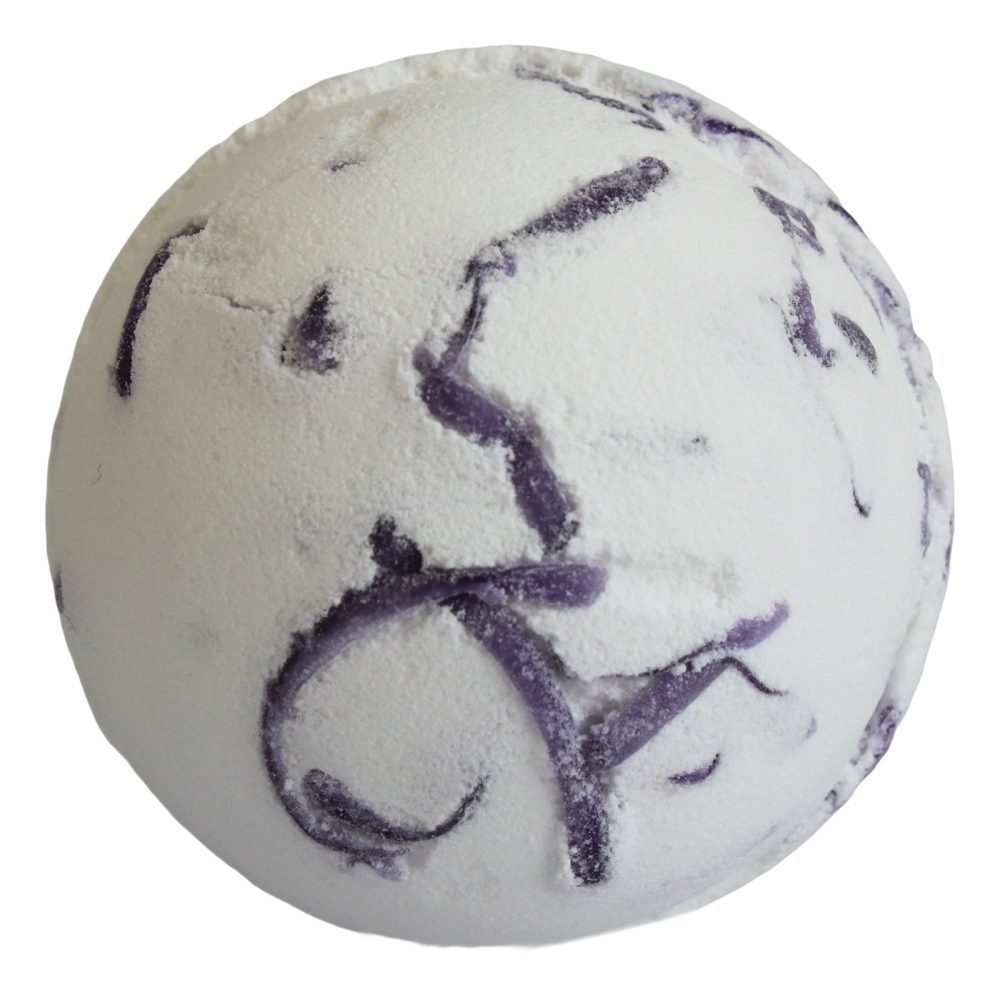 A spherical white bath bomb features purple swirls embedded across its surface, suggesting use in a bathing environment for fragrance and relaxation.