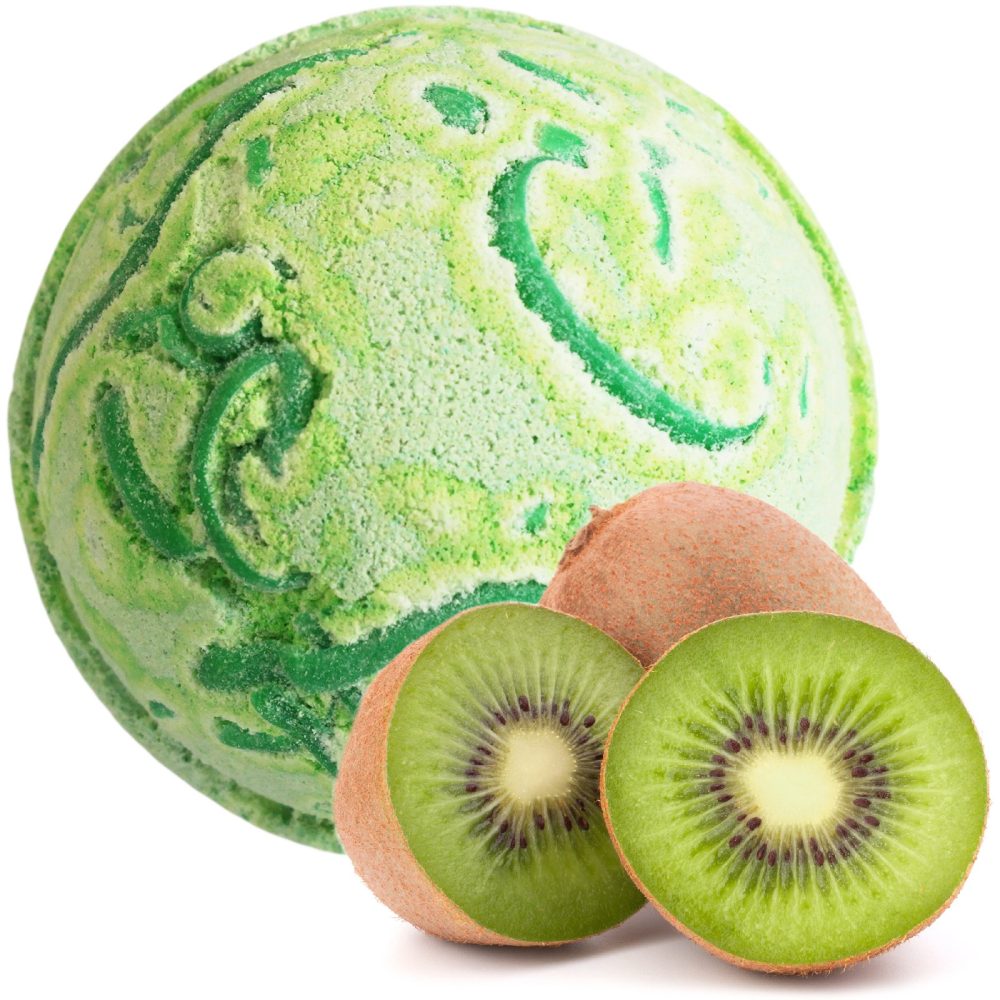 A textured green bath bomb with swirling patterns sits beside a whole kiwi fruit and a sliced kiwi, revealing vibrant green interiors with small black seeds, on a plain background.