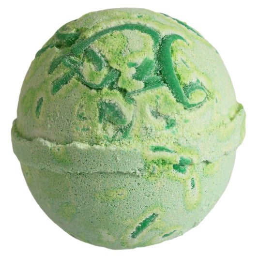 A round, green bath bomb with a textured surface and swirls of darker green, resting on a plain white background.