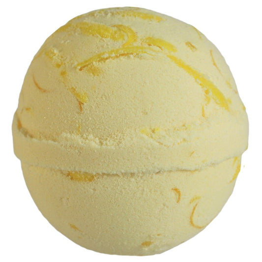 A yellow bath bomb with swirls rests on a plain white background, displaying a textured, spherical shape.