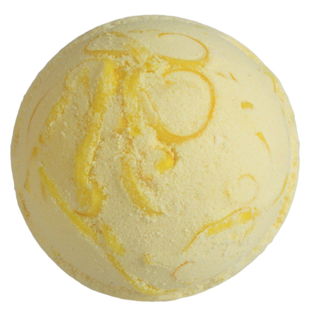 A yellow bath bomb with swirls of darker yellow patterns rests against a plain white background, poised for use in a bathtub setting.
