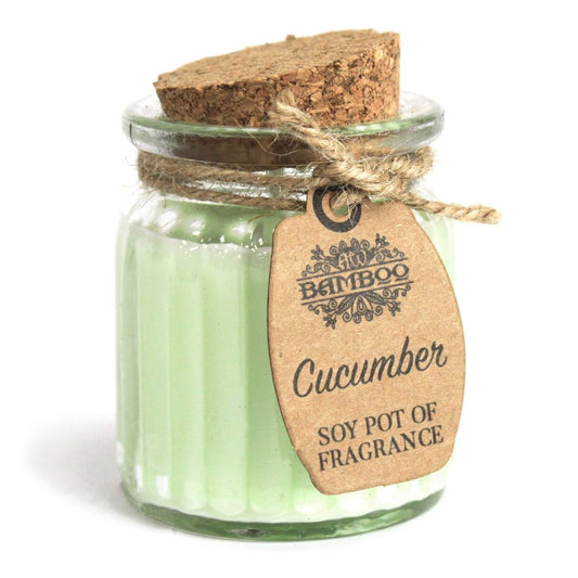 Small ribbed glass jar holds pale green soy candle sealed with a cork and twine, sitting on a white background; text on tag: "BAMBOO" "Cucumber" "SOY POT OF FRAGRANCE".