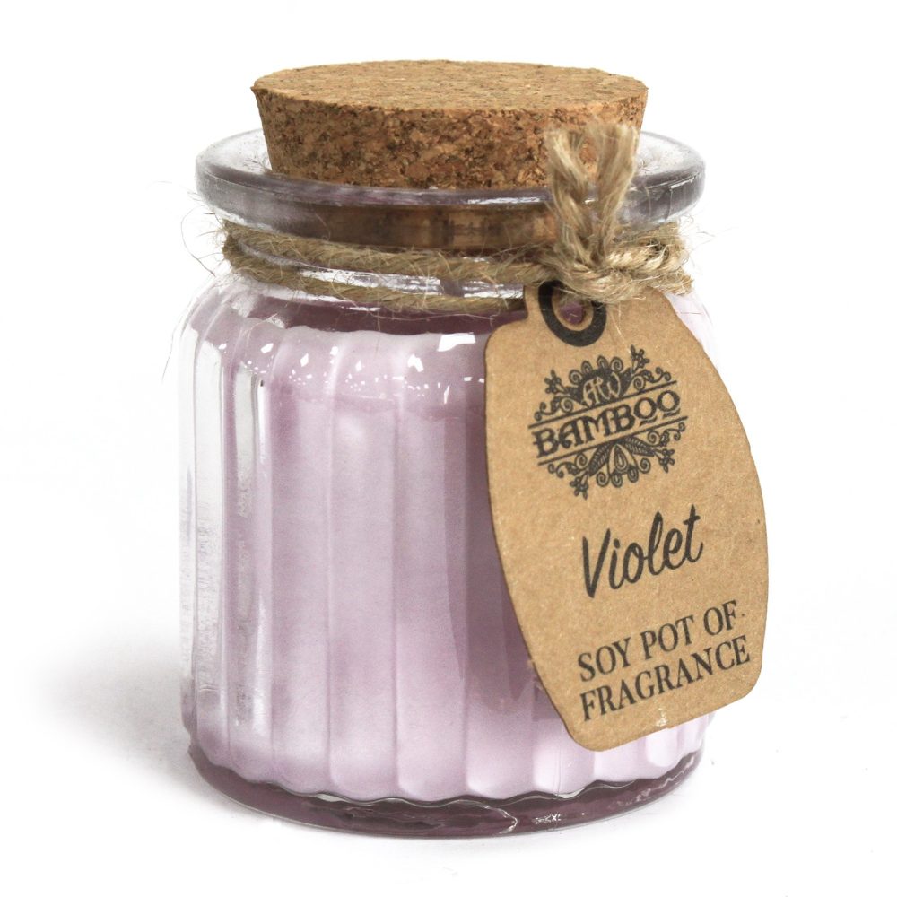 A violet-colored candle is in a clear, ridged jar sealed with a cork and twine. A brown tag reads "BAMBOO Violet SOY POT OF FRAGRANCE" against a white background.