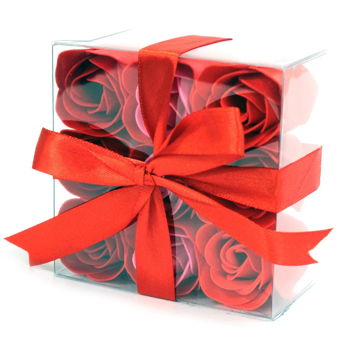 Red roses are wrapped with a red ribbon, inside of a transparent square box on a white background.