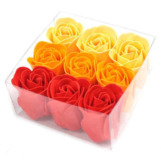 Clear plastic box holding nine foam roses arranged in three rows, top row pale yellow, middle orange, bottom red, neatly packed against a plain white background.