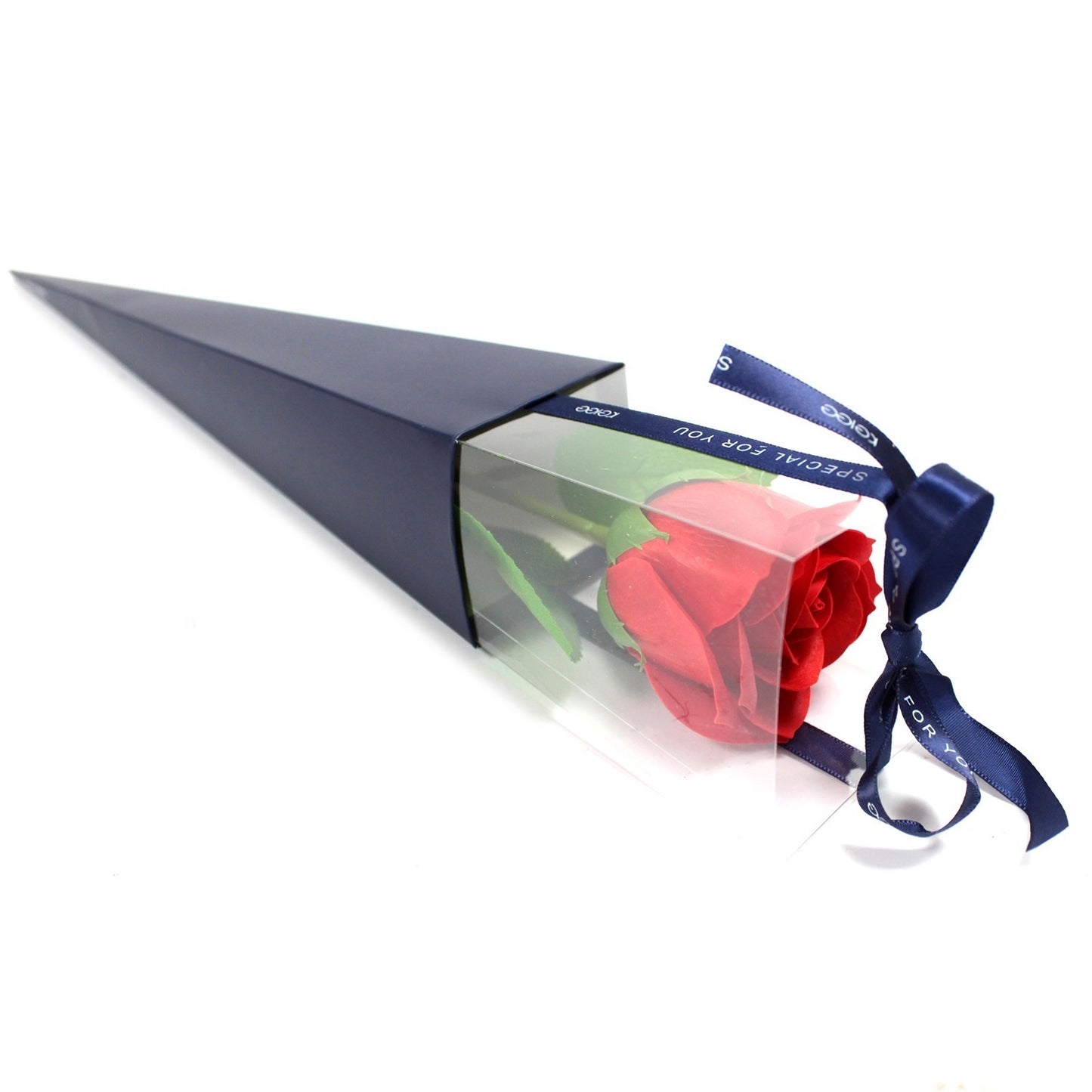 A single red rose is presented inside a clear, cone-shaped box with a blue base and a blue ribbon tied with the words "SPECIAL FOR YOU" and "FOR YOU". The background is white.