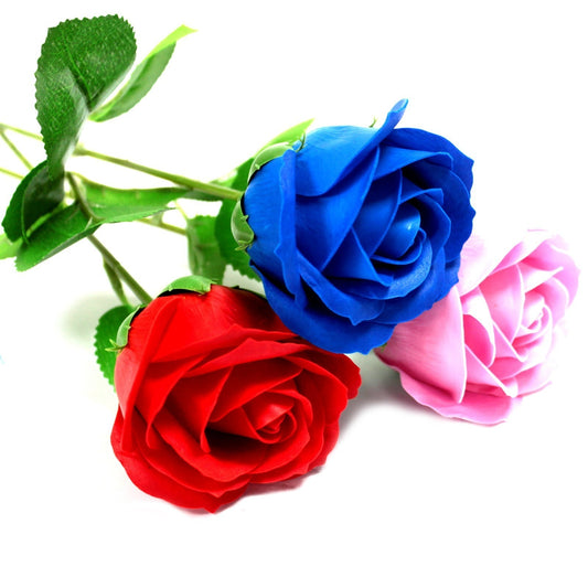 Three roses, a blue, red, and pink bloom, rest on a white surface with green stems and leaves, petals unfurled and overlapping in a simple arranged cluster.