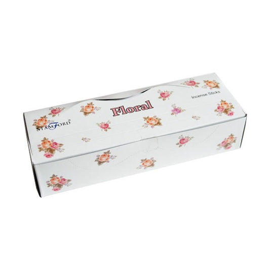 A rectangular box features floral patterns, labeled "Stamford" and "Floral Incense Sticks." The white packaging contains scattered, small red and pink flowers, creating a delicate, decorative appearance.