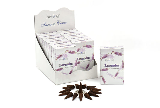 Incense cones are arranged in a circle. A box labeled "Stamford Incense Cones Lavender, 15 incense cones" stands in front of an open display of similar boxes, featuring lavender designs.