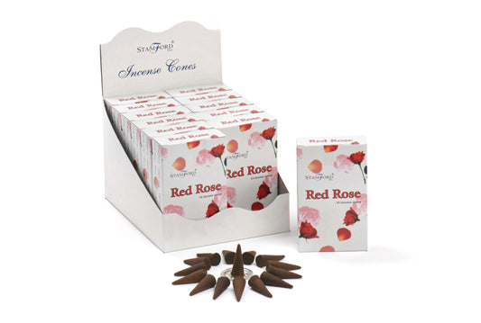 A display box of Stamford Inc. "Red Rose" incense cones with floral packaging, featuring scattered cones in front. Text: "Stamford Incense Cones, Red Rose, 15 incense cones."