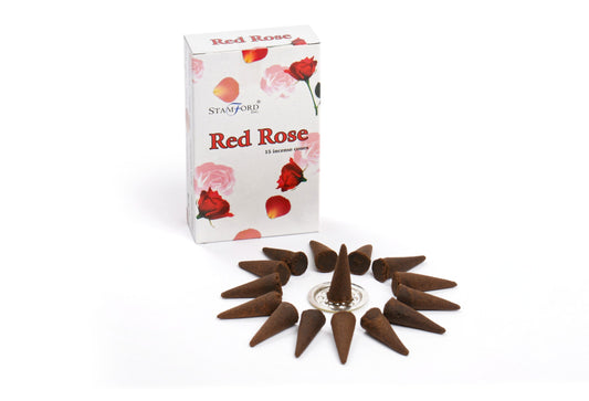 A box labeled "Stamford Red Rose 15 incense cones" stands beside a circular arrangement of brown incense cones on a white surface, with floral designs on the box.