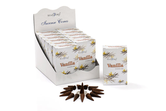 An open box displays multiple smaller packages labeled "Stamford Vanilla Incense Cones." In front, 15 brown incense cones form a circle on a white surface.
