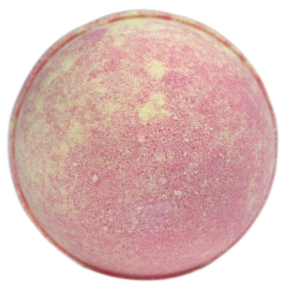 A spherical bath bomb with a pink and yellow marbled texture, appearing smooth and solid against a plain white background.
