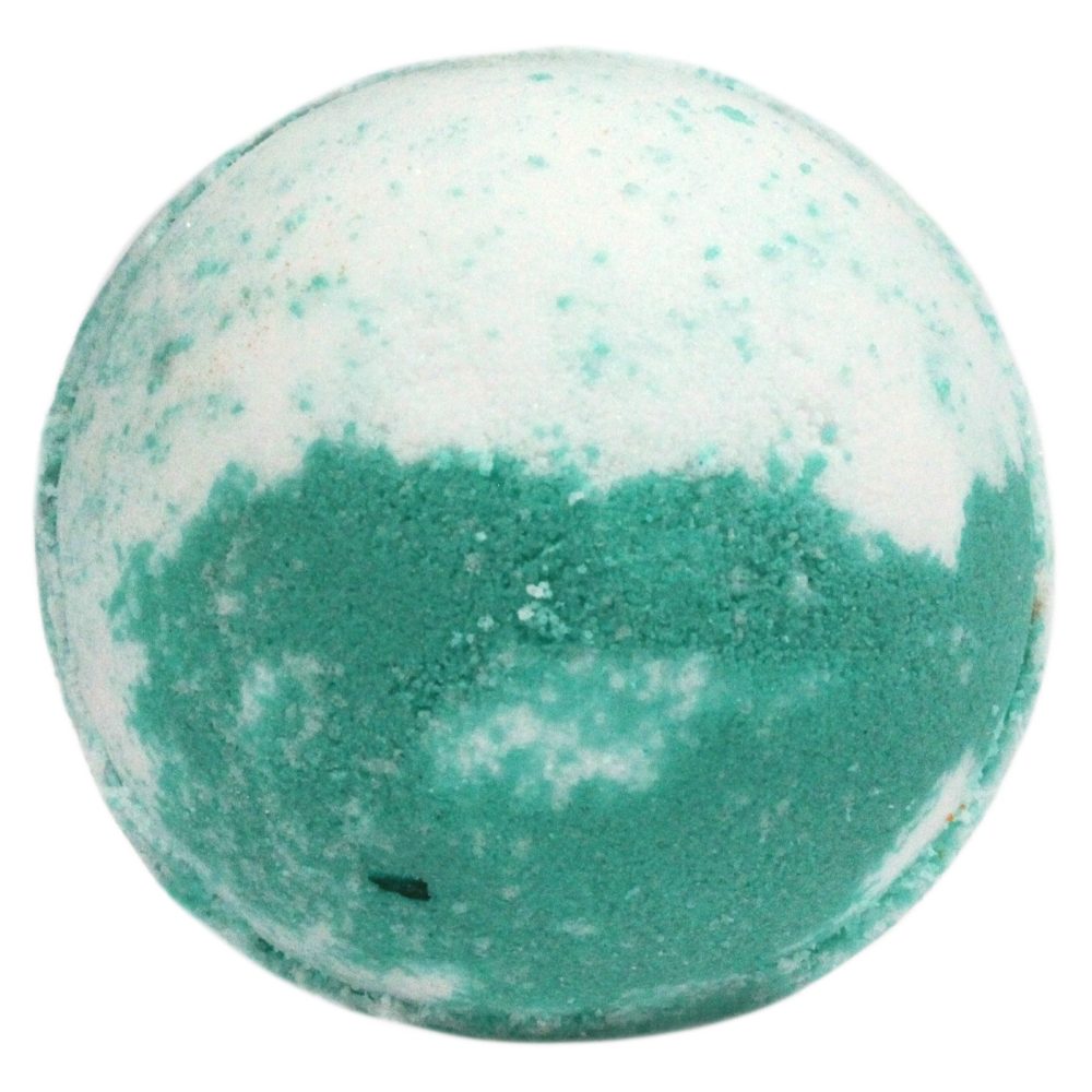 A spherical bath bomb, predominantly white with green patches, sits against a plain white background, suggesting a clean and minimal aesthetic for bathing relaxation.